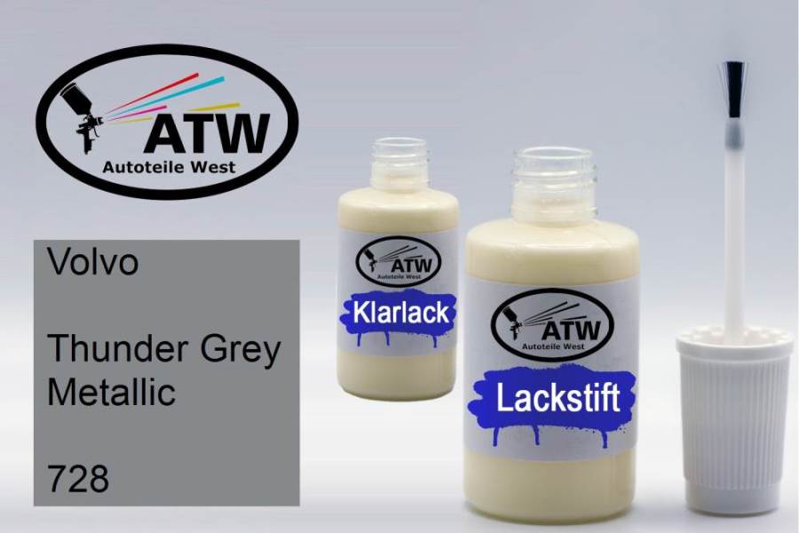 Volvo, Thunder Grey Metallic, 728: 20ml Lackstift + 20ml Klarlack - Set, von ATW Autoteile West.